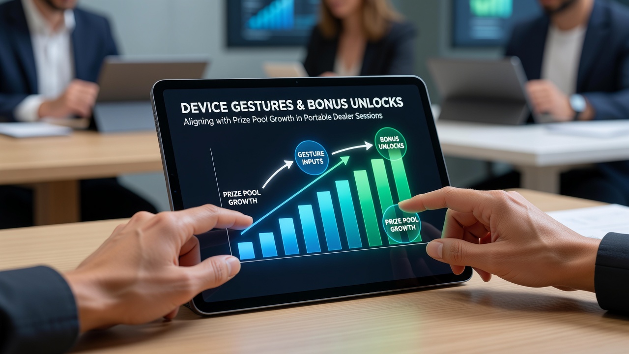 Illustration von synchronisierten Bonusfreigaben und wachsenden Preispools bei portablen Dealer-Spielen auf Touchscreens