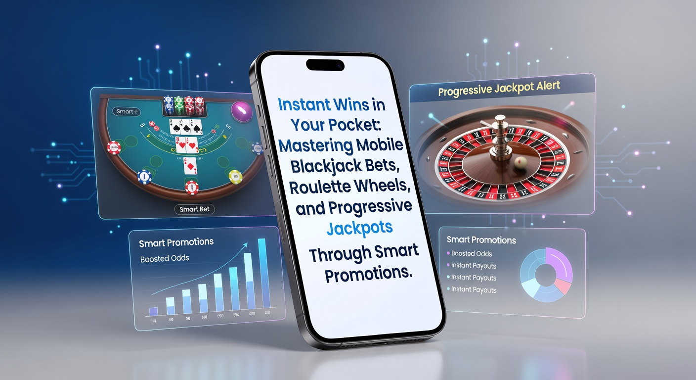 Smartphone mit Blackjack-Tisch und Roulette-Rad auf dem Bildschirm, umgeben von Jackpot-Symbolen und Bonus-Icons