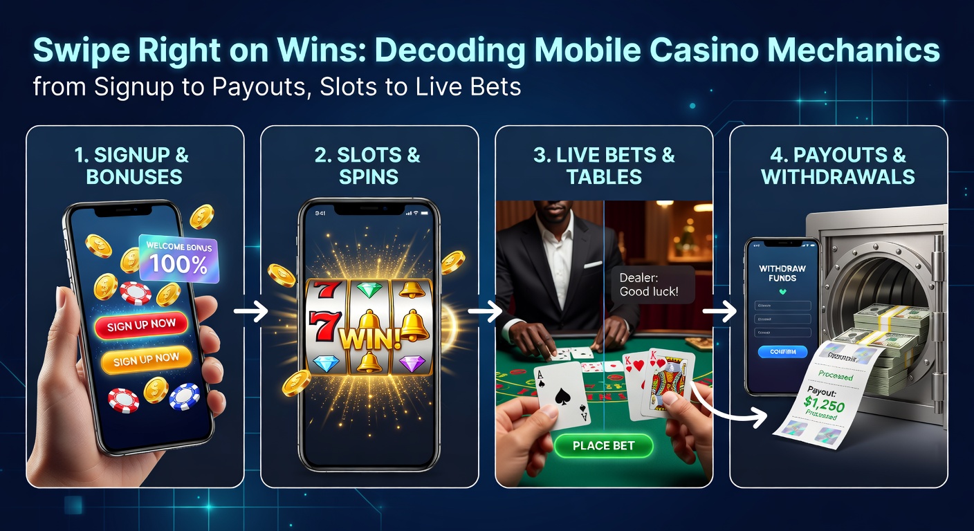 Smartphone mit Mobile-Casino-App im Vordergrund, umgeben von Slots-Symbolen und Live-Dealer-Elementen